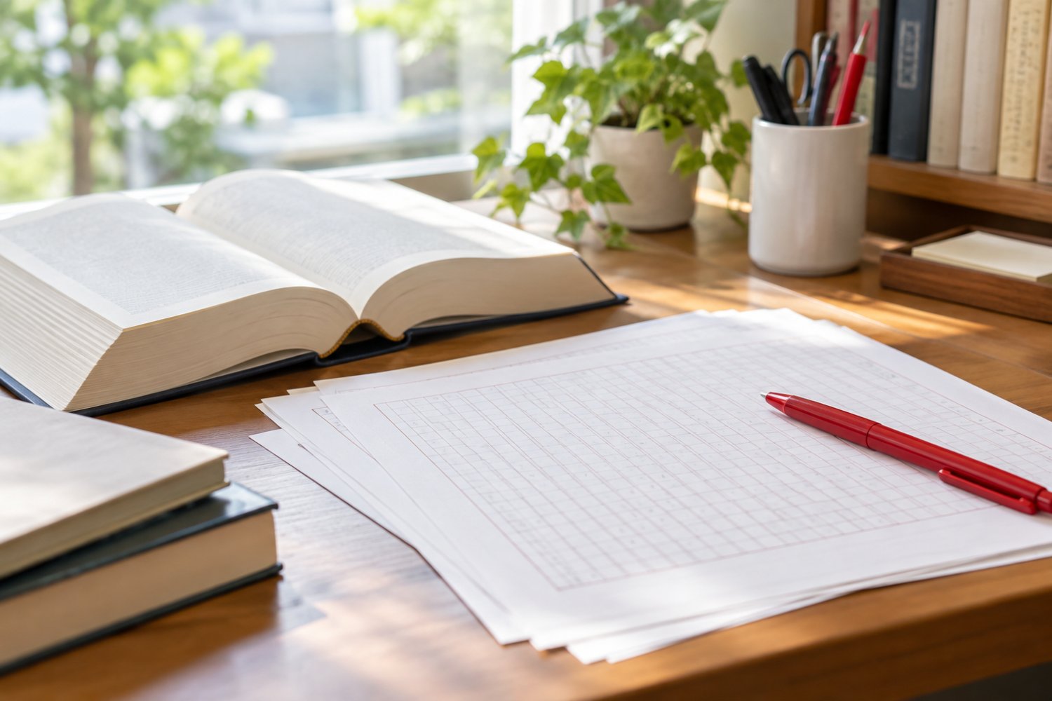 机に開かれた辞書と、赤ペンの置かれた原稿用紙